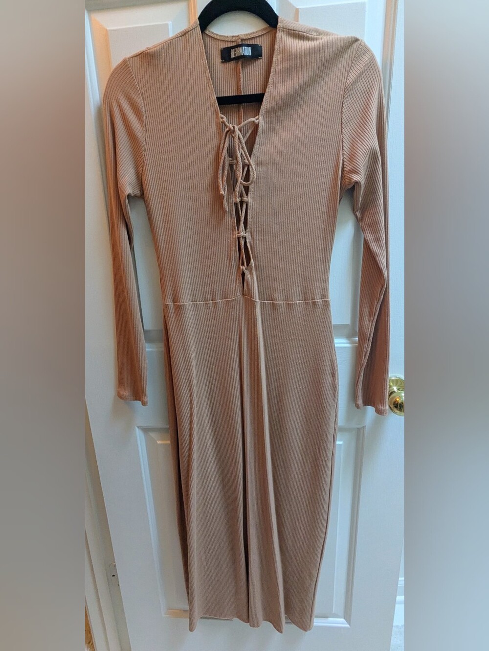 Reformation Long Sleeve Ribbed Lace-Up Dress in Tan